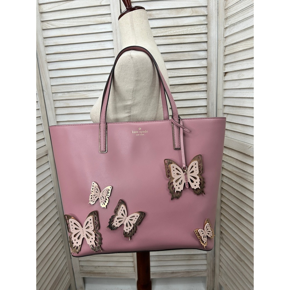 Kate Spade Gia Tote All the Buzz Butterfly Dusty Peony Pink XL Shoulder Bag EUC